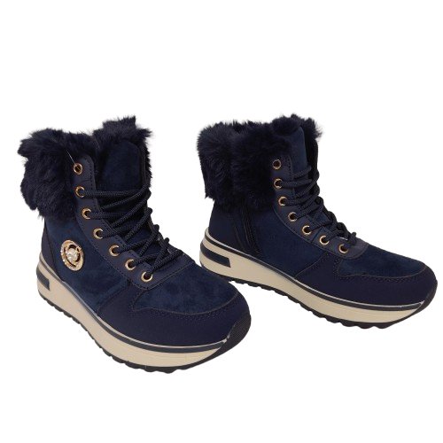 Ghete dama din piele eco intoarsa si blana artificiala, culoare albastru