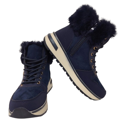 Ghete dama din piele eco intoarsa si blana artificiala, culoare albastru