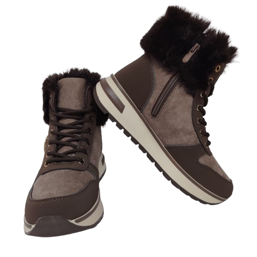 Ghete dama din piele eco intoarsa si blana artificiala, culoare maro