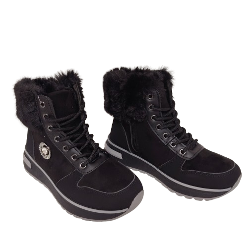 Ghete dama din piele eco intoarsa si blana artificiala, culoare negru