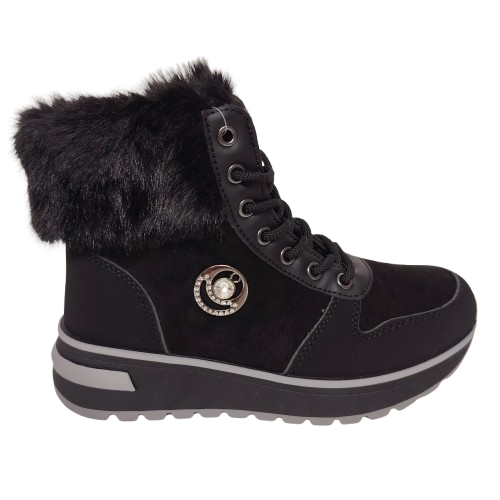 Ghete dama din piele eco intoarsa si blana artificiala, culoare negru