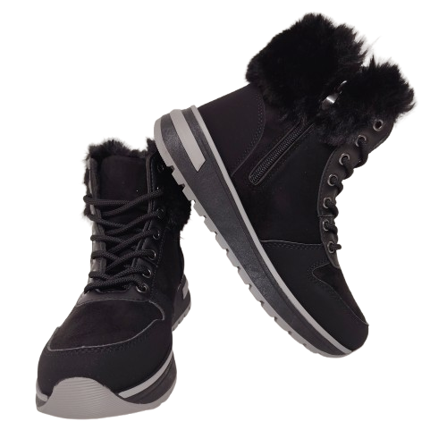 Ghete dama din piele eco intoarsa si blana artificiala, culoare negru