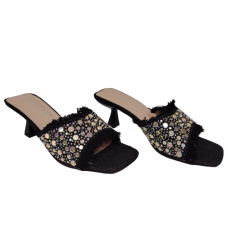 Papuci dama jeans cu aplicatii de paiete, culoare negru