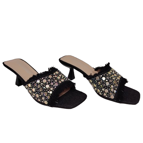 Papuci dama jeans cu aplicatii de paiete, culoare negru