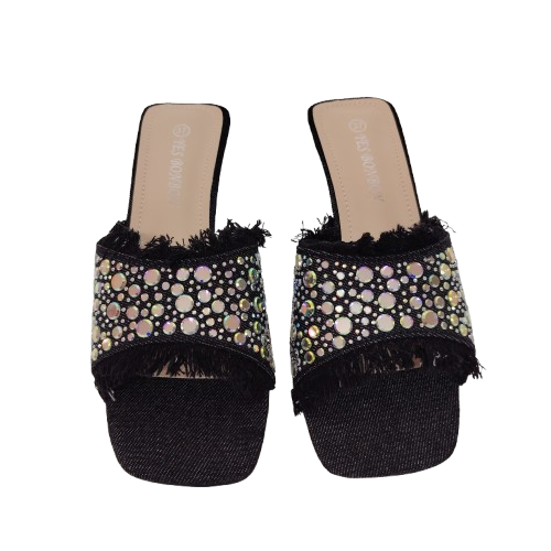 Papuci dama jeans cu aplicatii de paiete, culoare negru