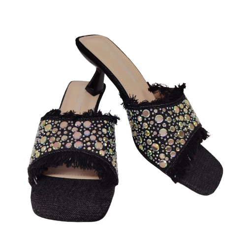 Papuci dama jeans cu aplicatii de paiete, culoare negru