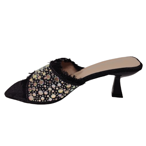 Papuci dama jeans cu aplicatii de paiete, culoare negru