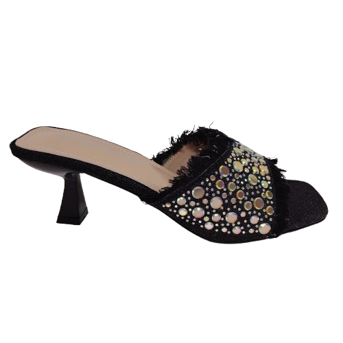 Papuci dama jeans cu aplicatii de paiete, culoare negru