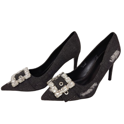 Pantofi dama cu toc D9611 din material textil culoare negru